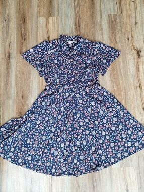 Nanette Lepore Navy Floral Midi Dress with Pink and White Blossoms